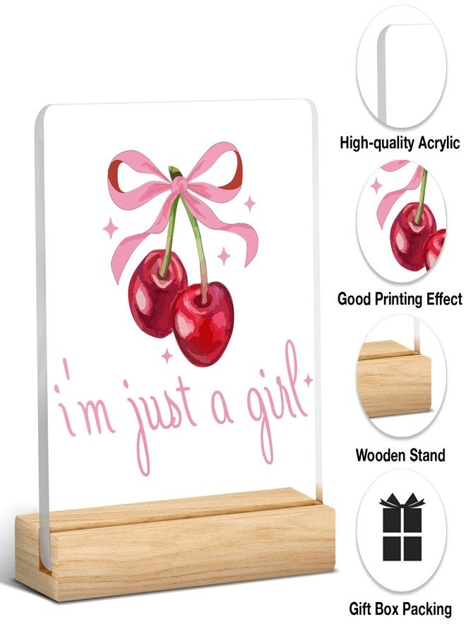 AACQQ Trendy Pink Bow Coquette Acrylic Plaque Sign Cherry Desk Decor Inspirational Gifts Thank You Appreciation Christmas Birthday Gifts for Women, I'm Just a Girl Sign - Image 3
